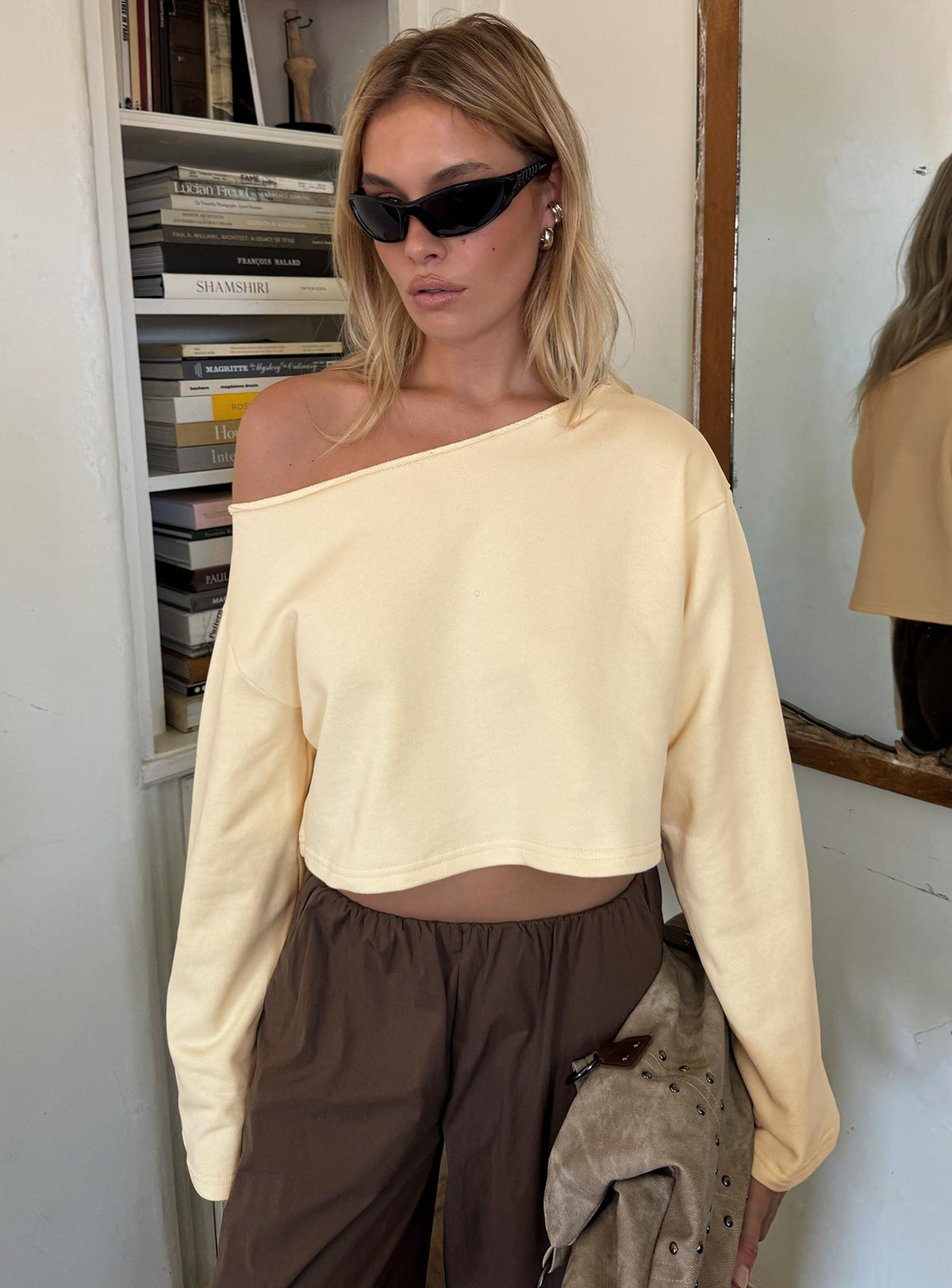 Retreat Raw Edge Off Shoulder Sweatshirt Buttercream