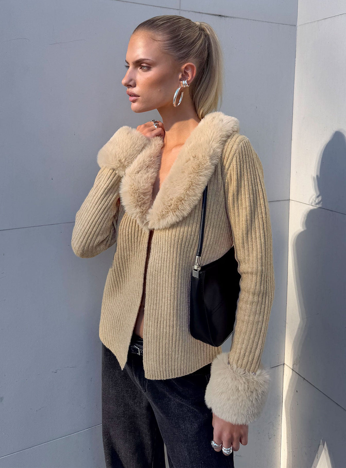 Gisele Faux Fur Trim Long Sleeve Sand
