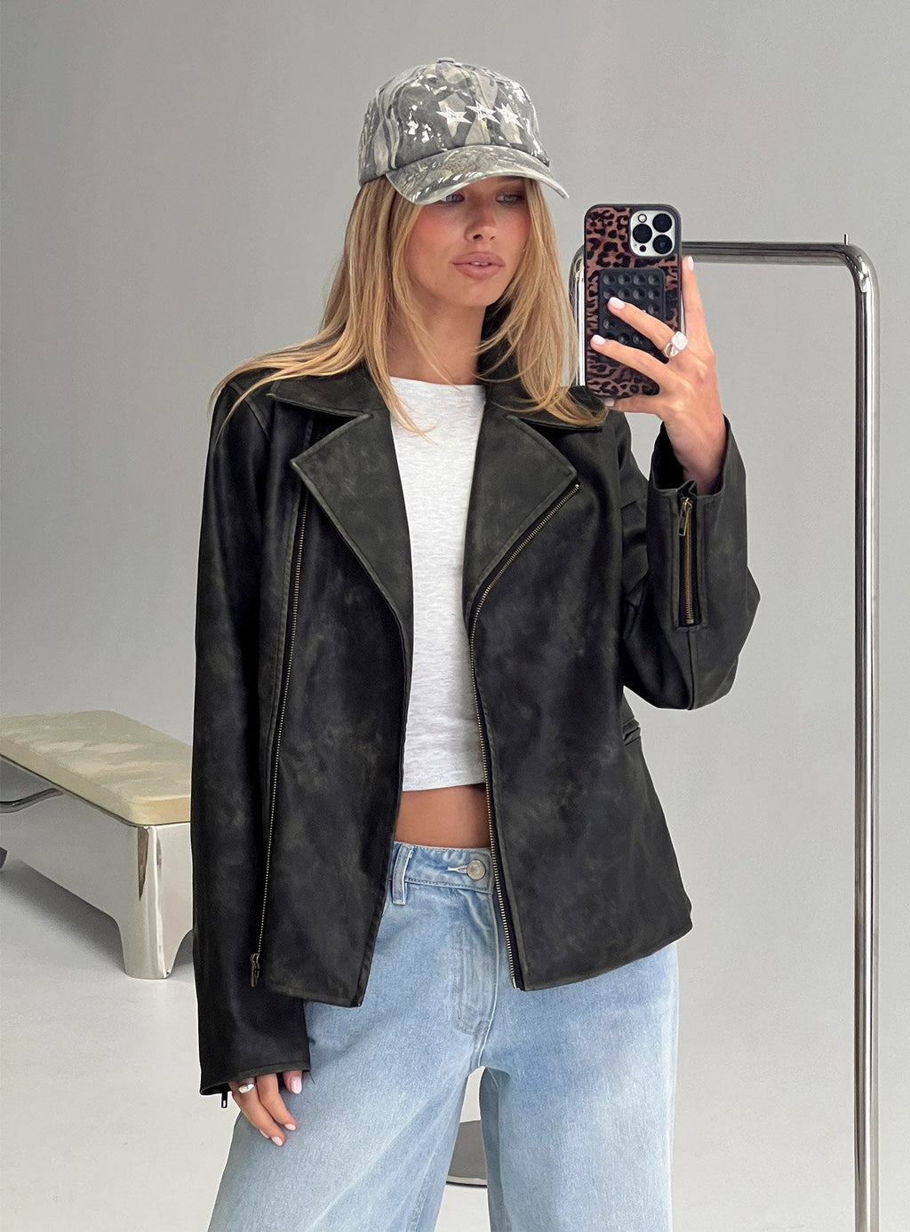 Vyolette Faux Leather Collared Jacket Washed Black
