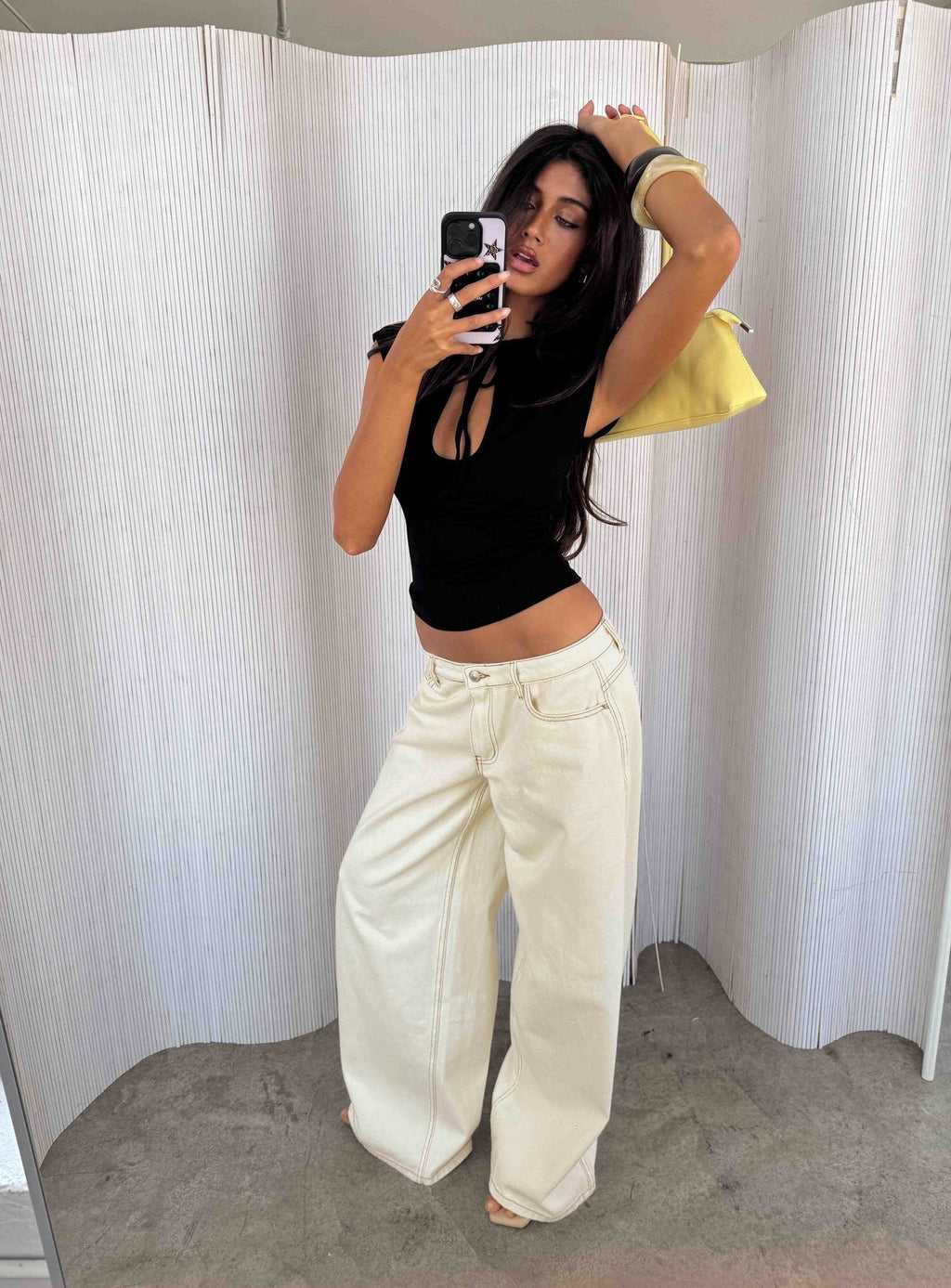 Ramos Low Rise Wide Leg Denim Jeans Cream