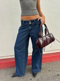 Ramos Low Rise Double Button Wide Leg Denim Jeans Dark Indigo