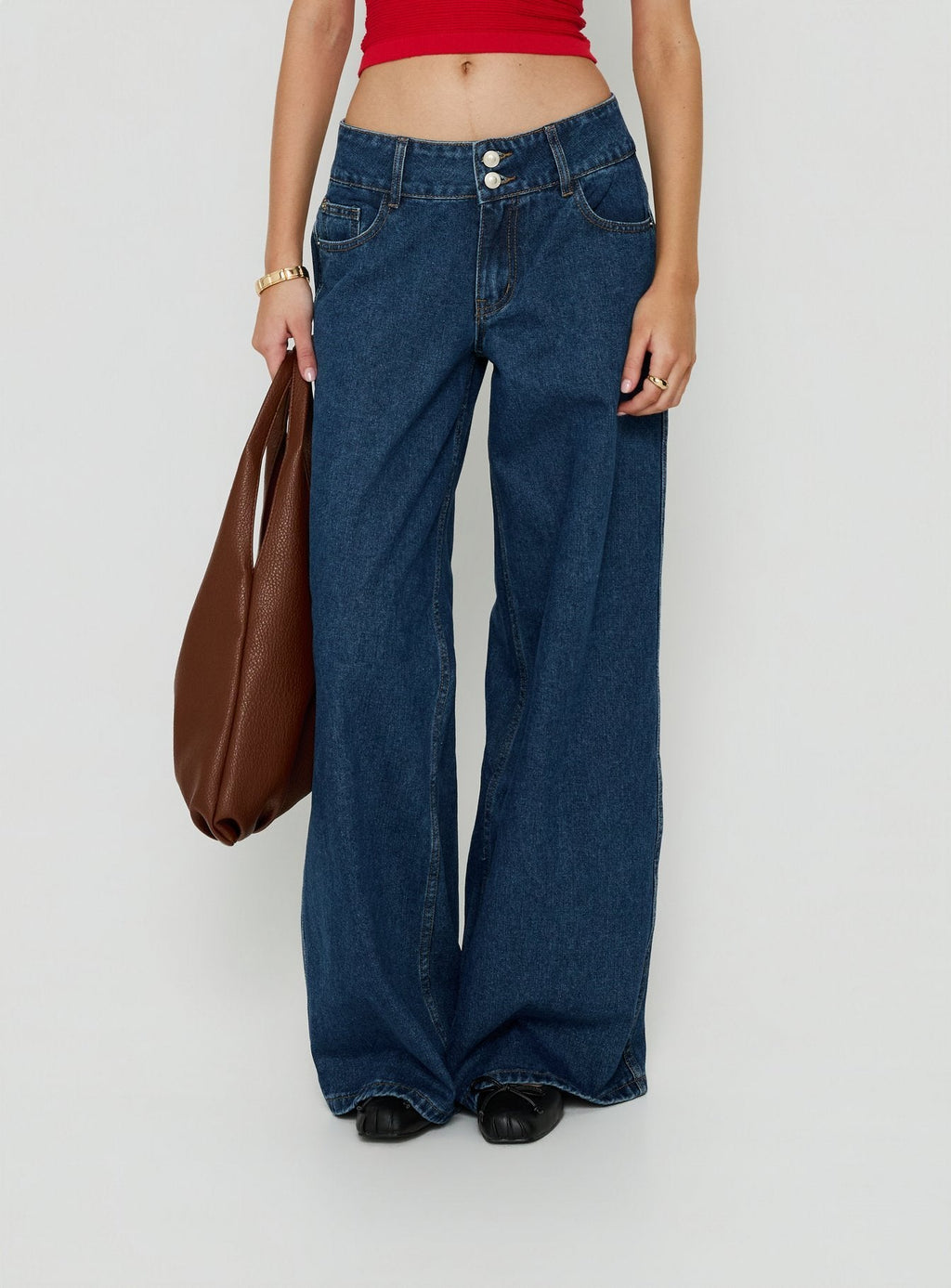 Ramos Low Rise Double Button Wide Leg Denim Jeans Dark Indigo