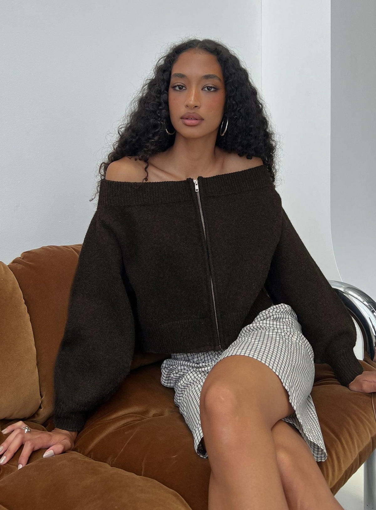 Ortensa Off Shoulder Zip Through Sweatshirt Brown