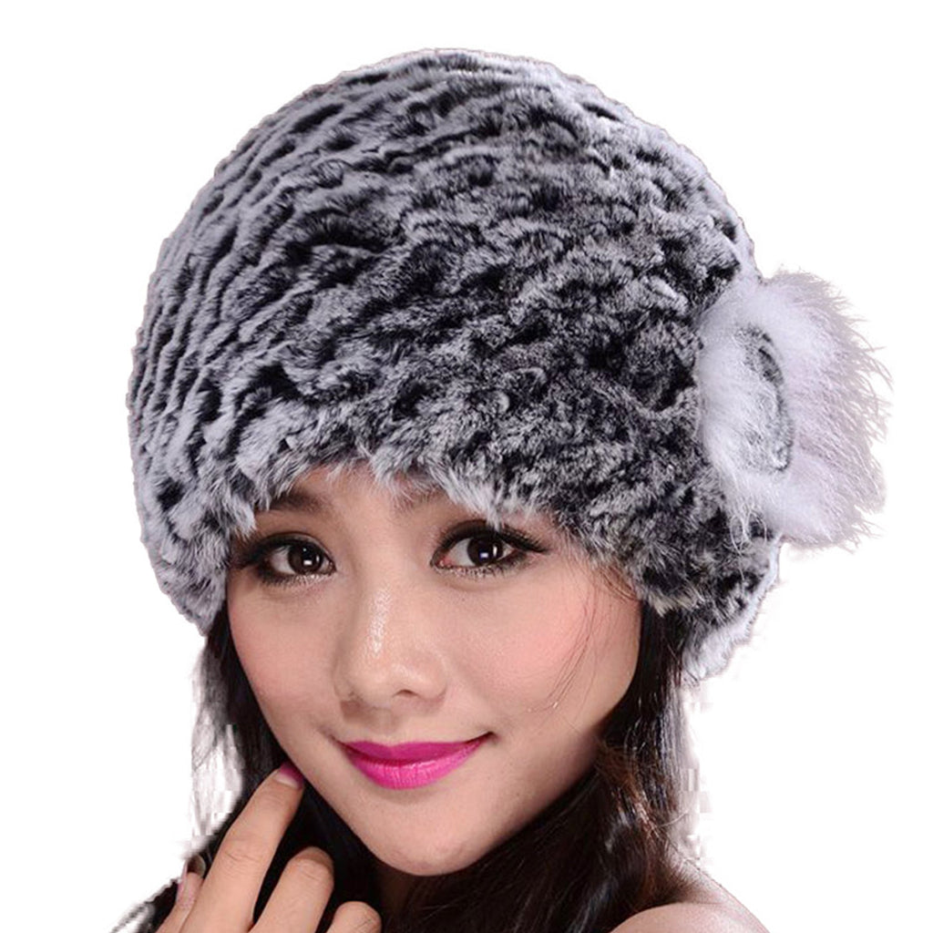 Hat Women Knitted Real Rex Rabbit Fur Hat Fur Cap Thick Beanie Fox Fur Flower Decoration Headgear Headdress Head Warmer Knitted Hats for Women FS14628
