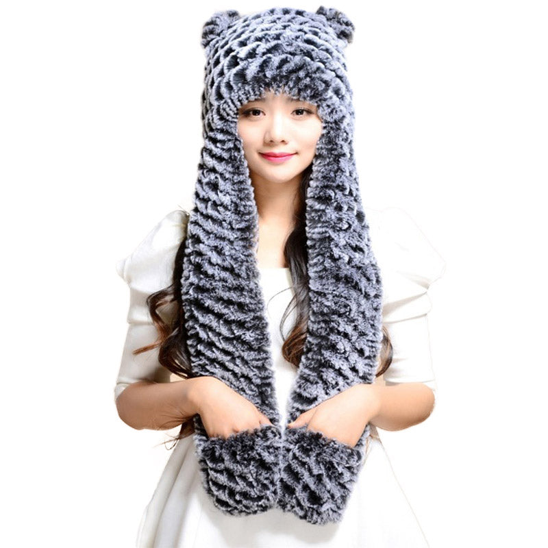Winter Hats for Women with Ear Flaps Knitted Real REX Rabbit Fur Hat Multi-used Scarf Glove Cute Beanie Winter Fur Cap Headgear Head Warmer Headdress FS14611