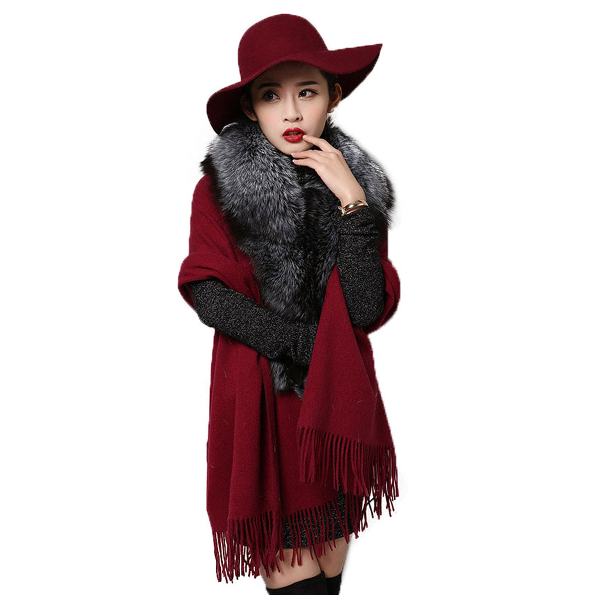 Fashion Cashmere Shawl with Big Fox Collar Natural Fur Poncho 15727