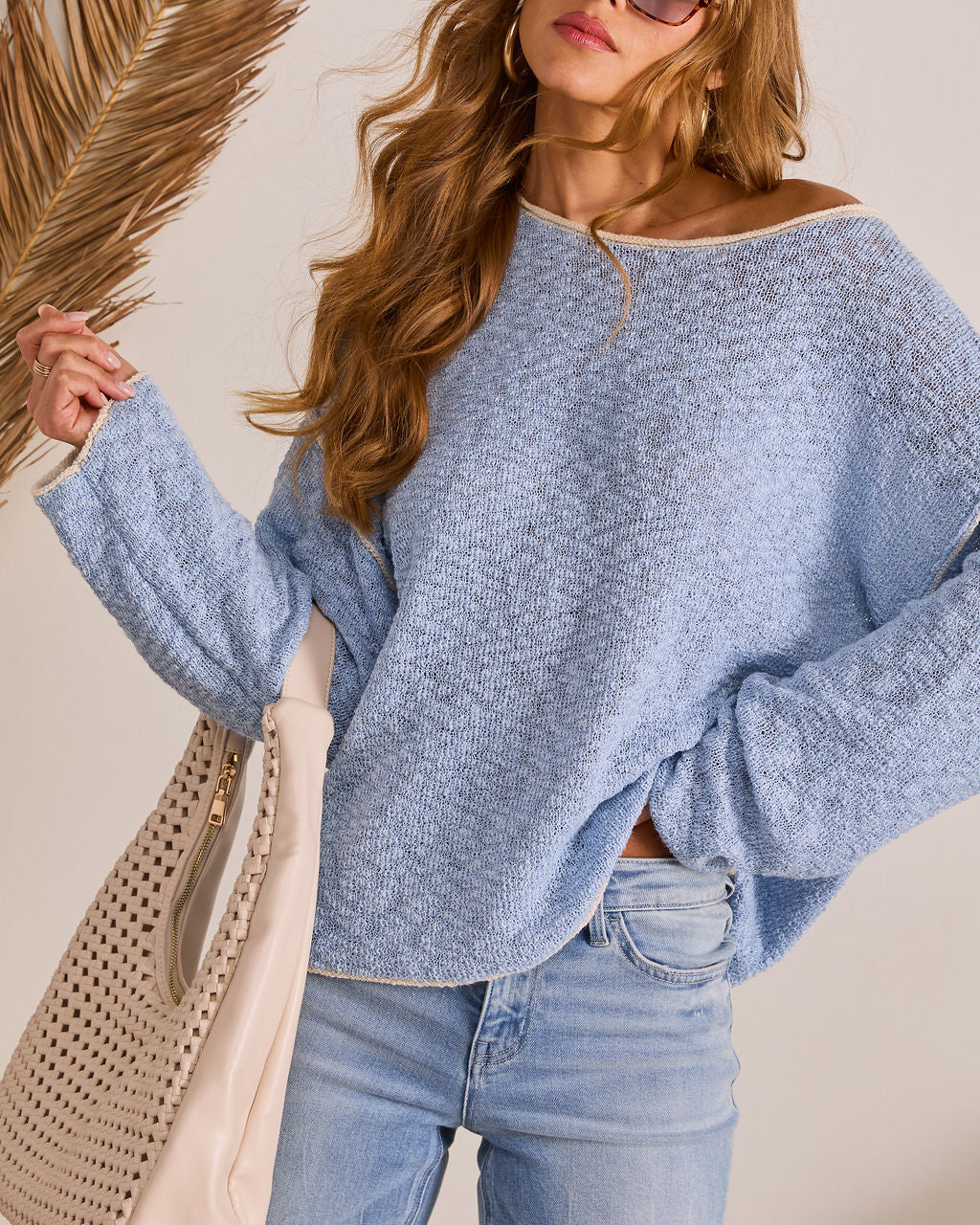 Plush Horizon Off The Shoulder Contrast Trim Sweater