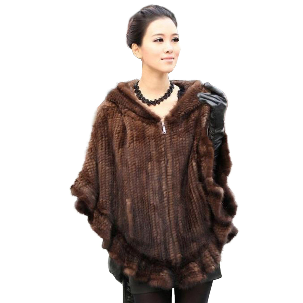 FUR STORY Womens Knitted Mink Fur Shawl Real Fur Scarf Natural Mink Poncho Coat 070304