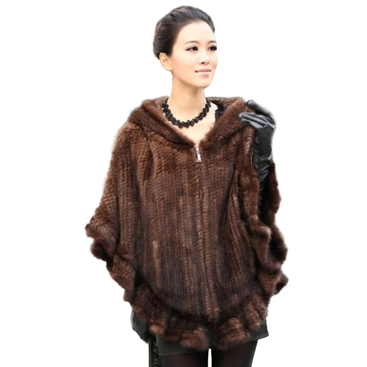 FUR STORY Womens Knitted Mink Fur Shawl Real Fur Scarf Natural Mink Poncho Coat 070304