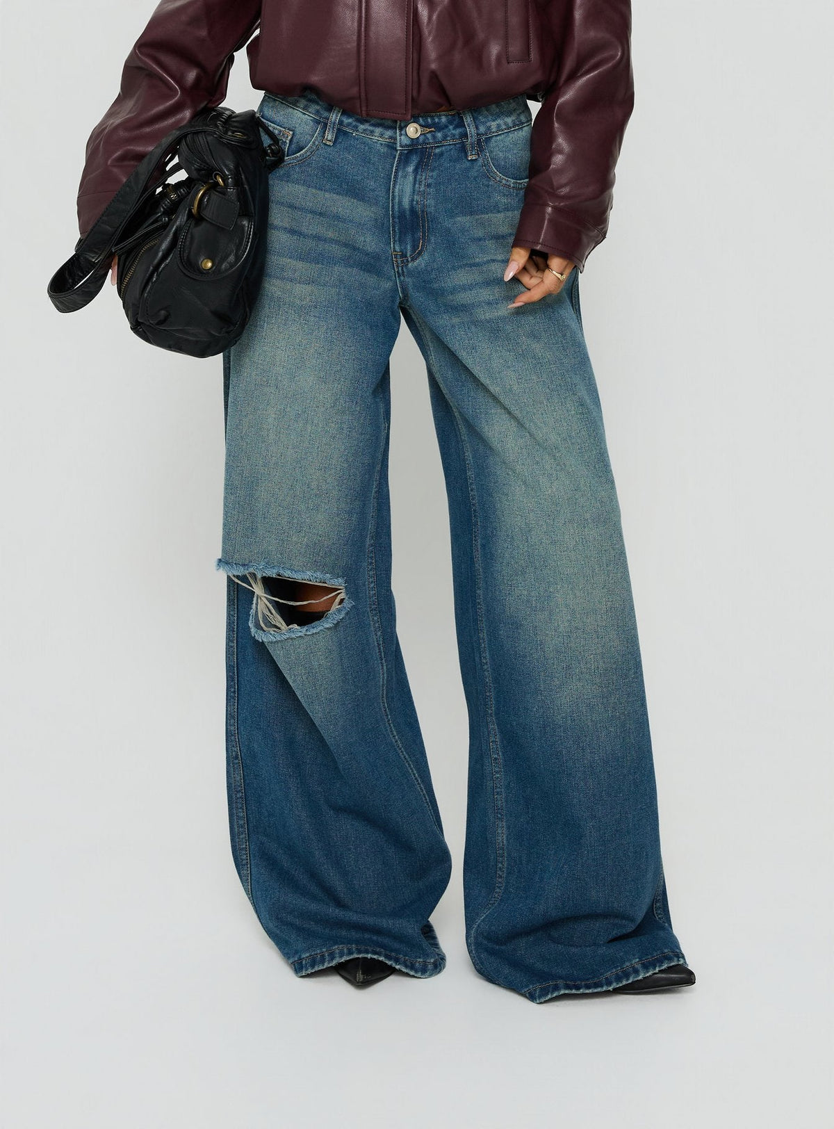 Ramos Low Rise Wide Leg Distressed Denim Jeans Dark Indigo