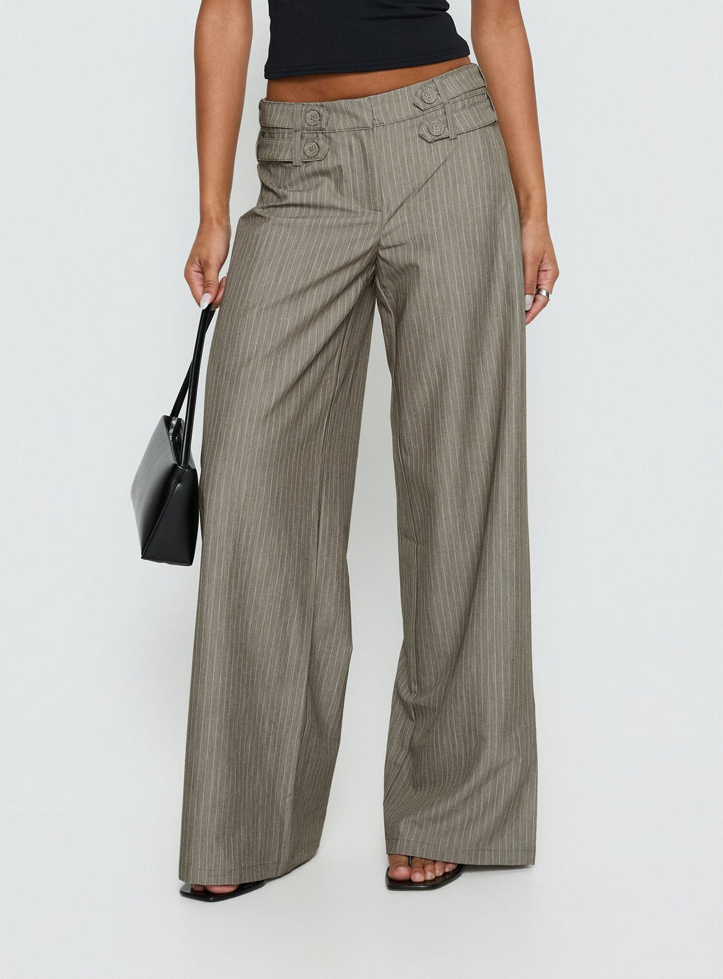 Jette Tailored Buckle Pant Taupe Pinstripe