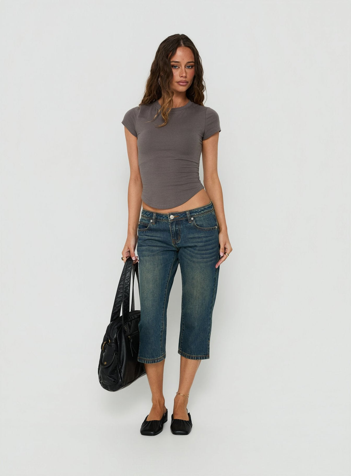 Ceilea Ultra Low Rise Denim Capri Pants Dirty Blue