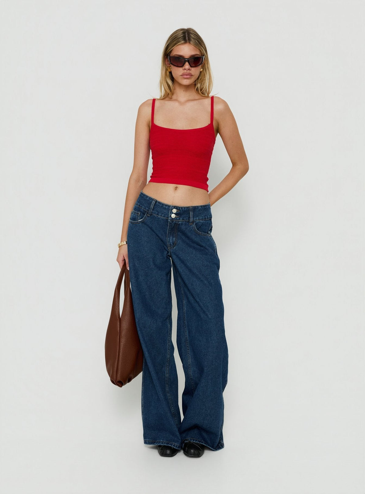 Ramos Low Rise Double Button Wide Leg Denim Jeans Dark Indigo