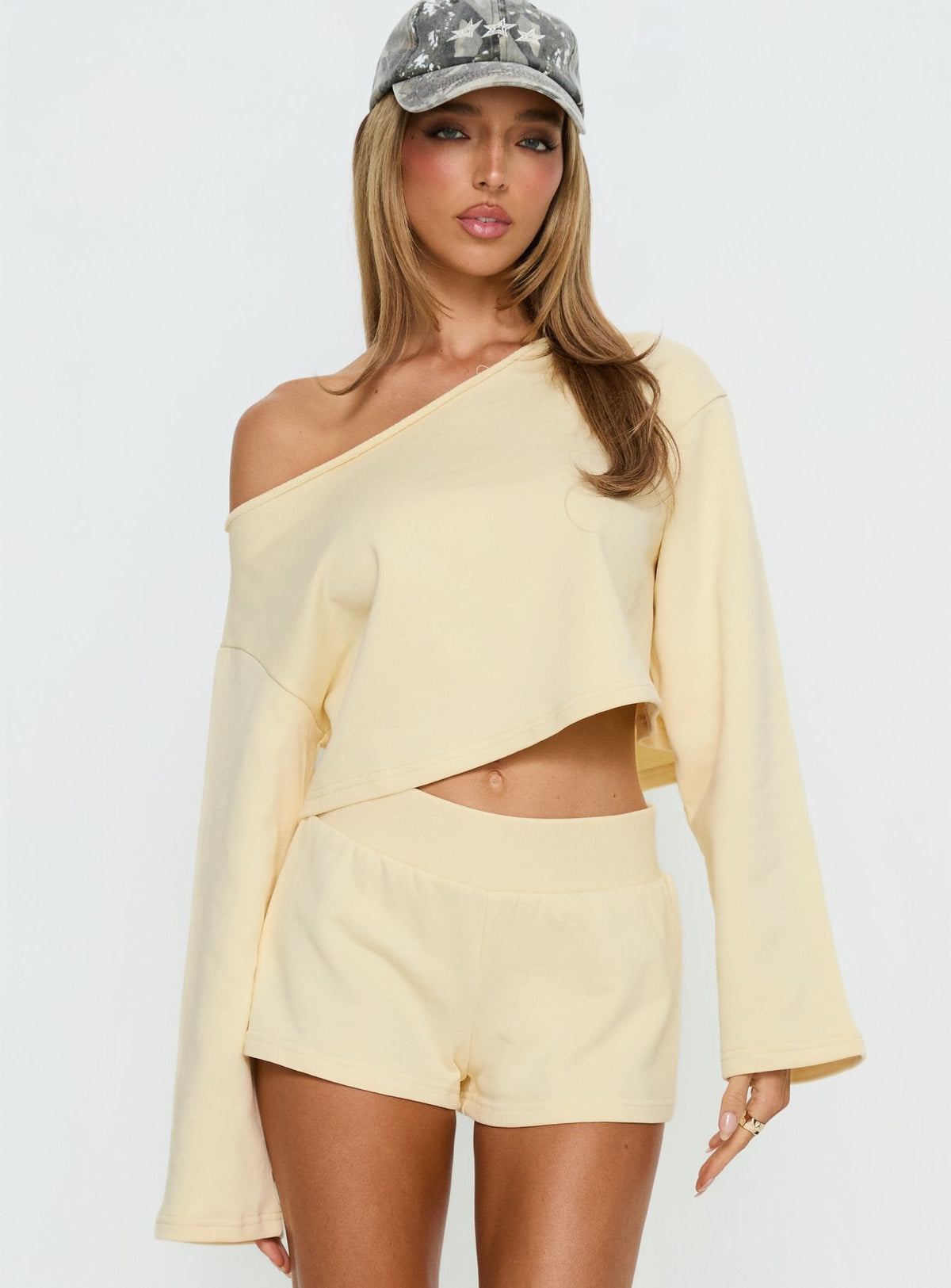 Retreat Raw Edge Off Shoulder Sweatshirt Buttercream