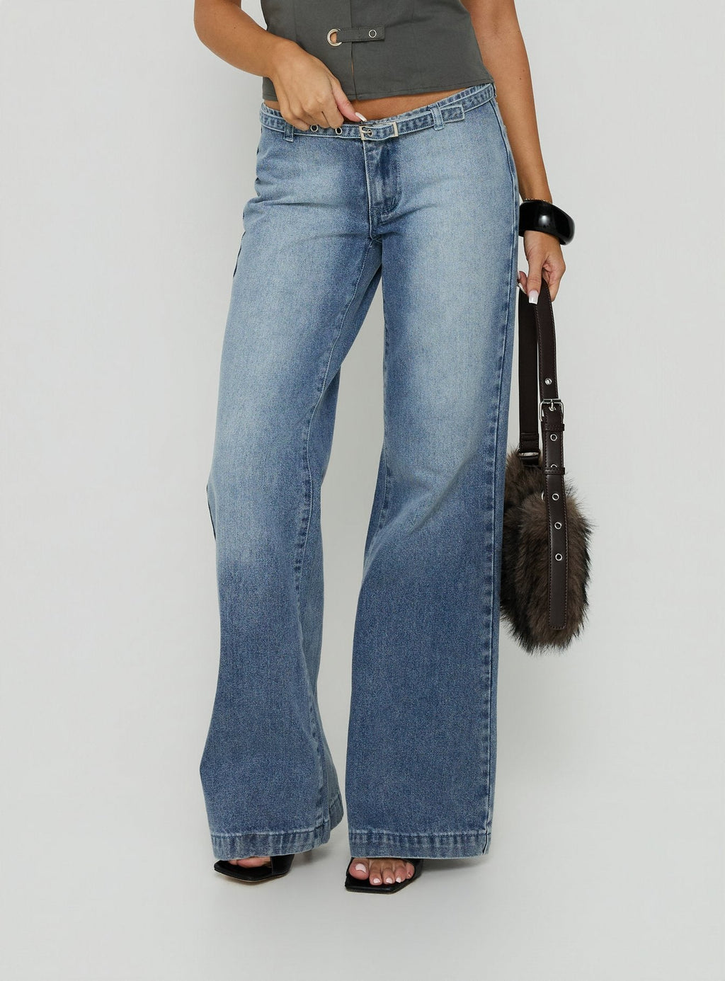 Nadiana Low Rise Belted Baggy Jeans Light Wash Blue