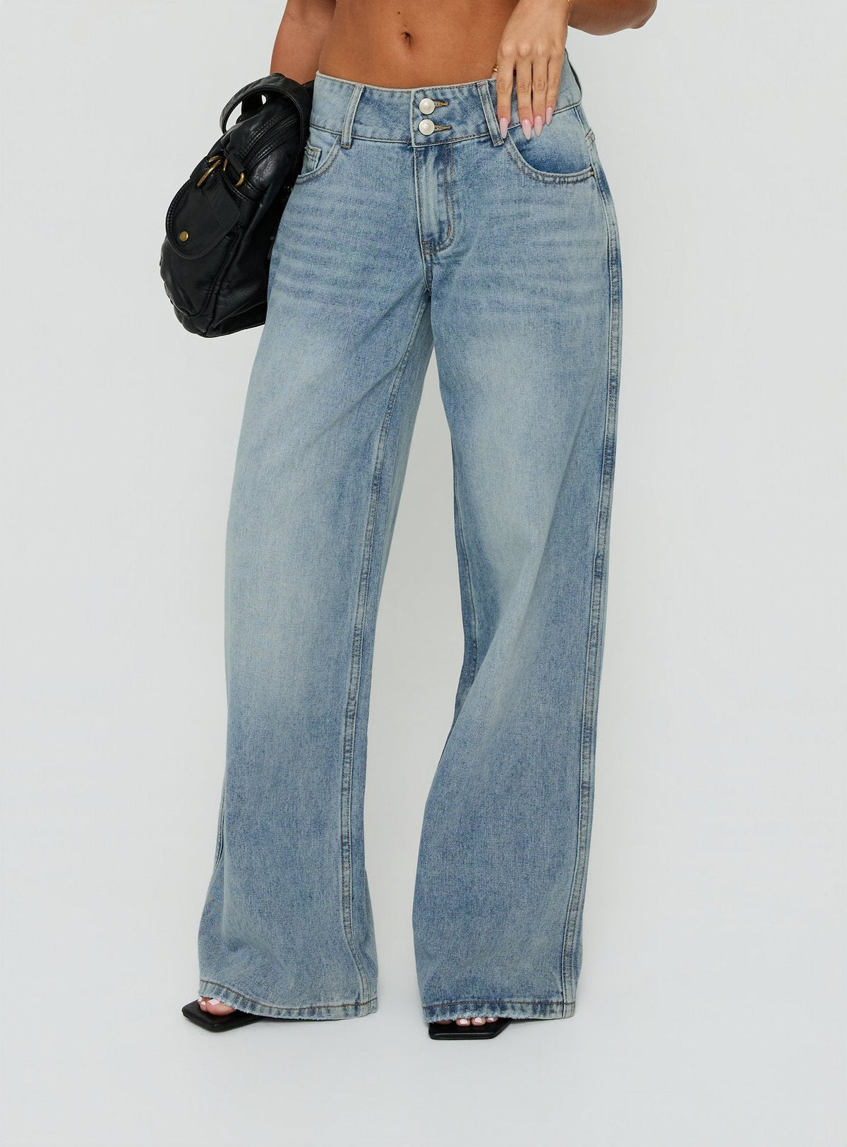 Ramos Low Rise Double Button Wide Leg Denim Jeans Light Vintage Blue