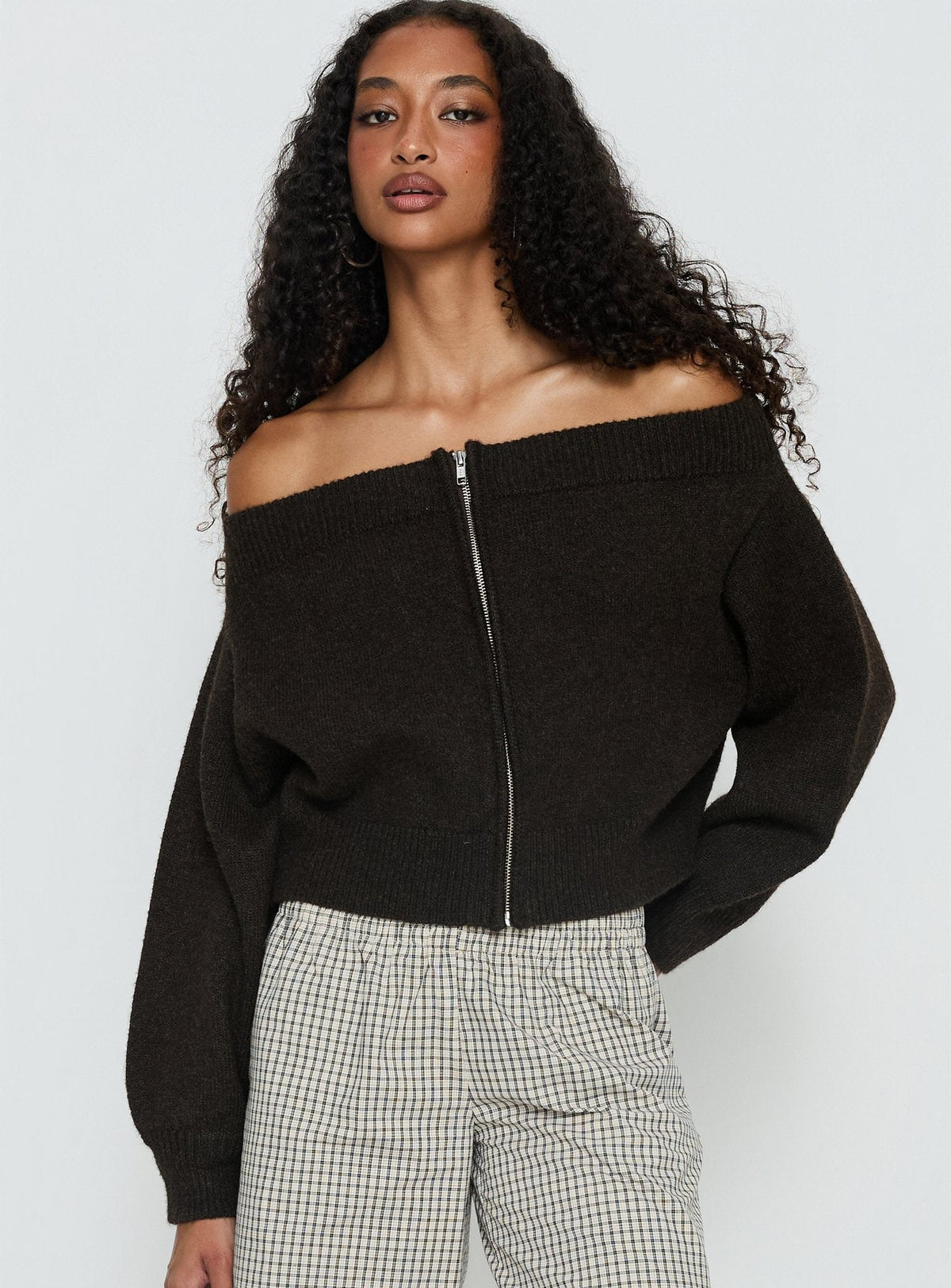 Ortensa Off Shoulder Zip Through Sweatshirt Brown