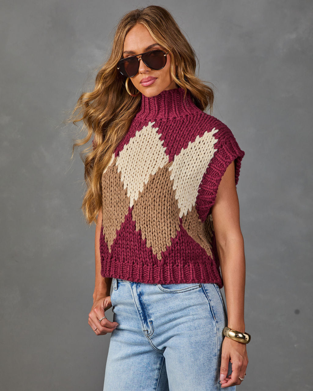 Levvey Turtleneck Argyle Print Sweater