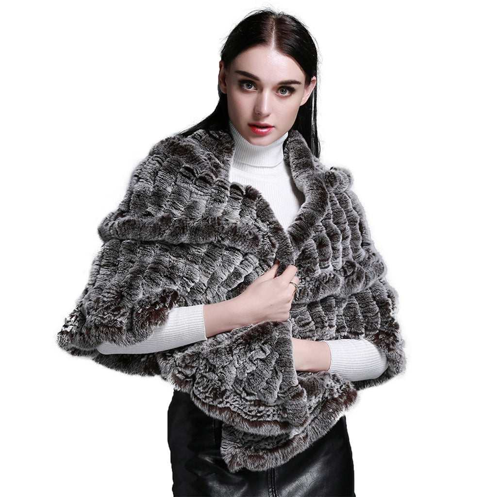 FUR STORY Real Knitted rabbit fur cloaks Womens shawl poncho stole cape wrap 070124