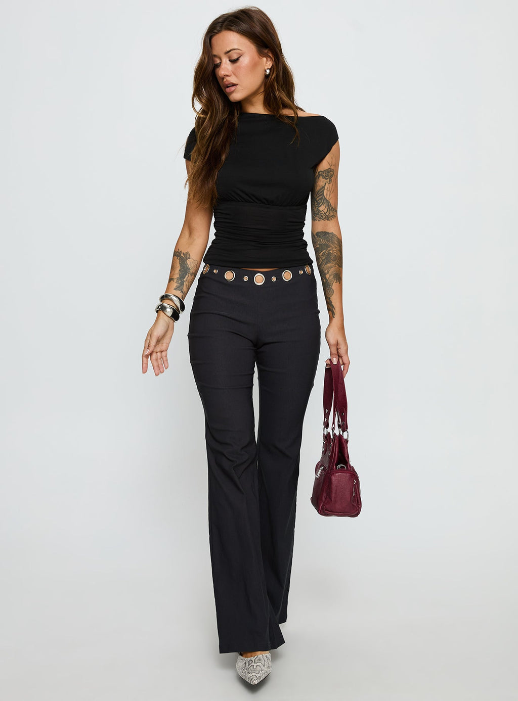 True Grit Eyelet Flare Pants Grey