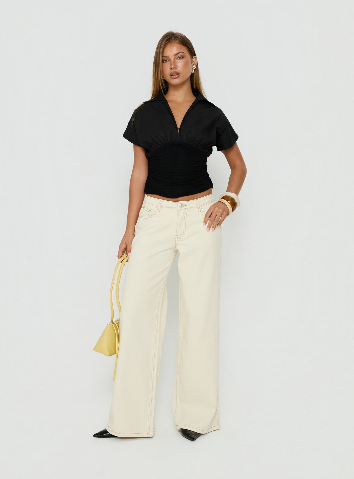 Ramos Low Rise Wide Leg Denim Jeans Cream