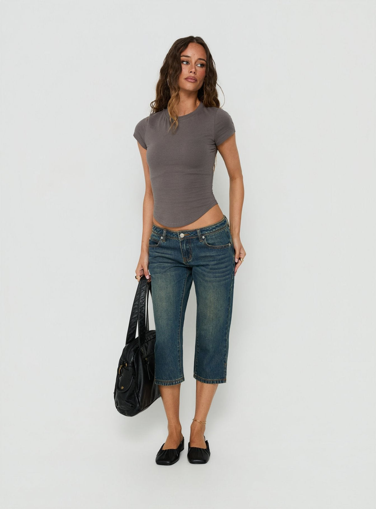 Ceilea Ultra Low Rise Denim Capri Pants Dirty Blue