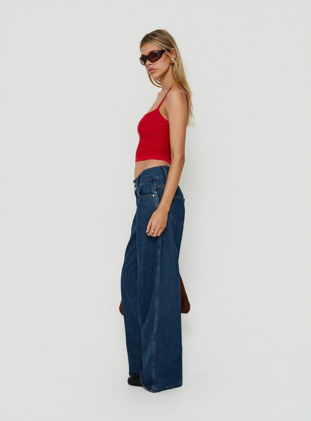 Ramos Low Rise Double Button Wide Leg Denim Jeans Dark Indigo