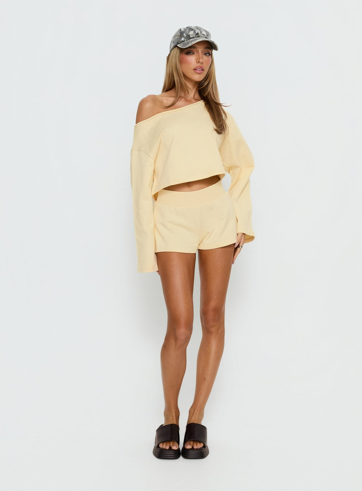 Retreat Raw Edge Off Shoulder Sweatshirt Buttercream