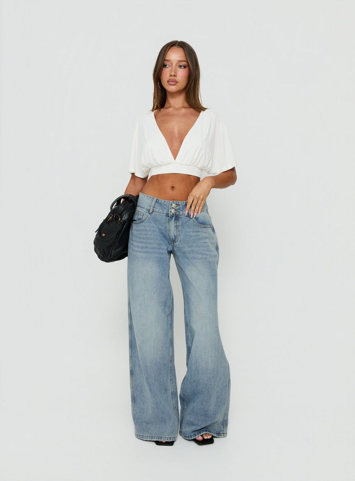 Ramos Low Rise Double Button Wide Leg Denim Jeans Light Vintage Blue