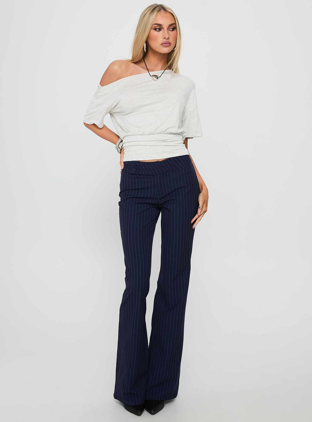Kinkirk Flared Pants Navy Pinstripe