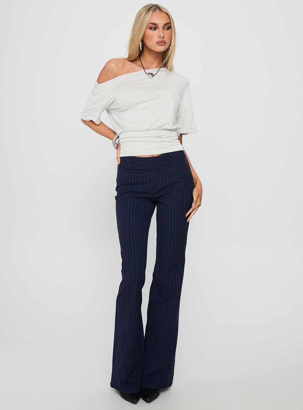 Kinkirk Flared Pants Navy Pinstripe