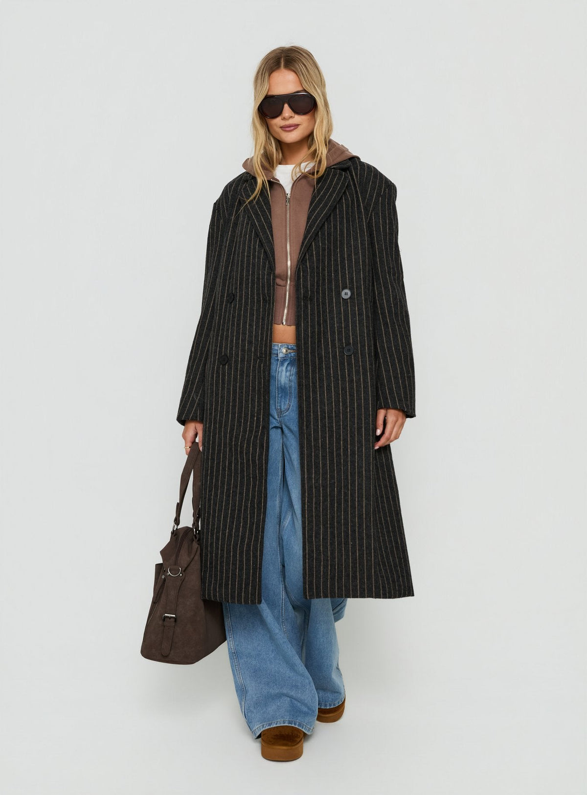Olimpea Longline Trench Coat Black Pinstripe