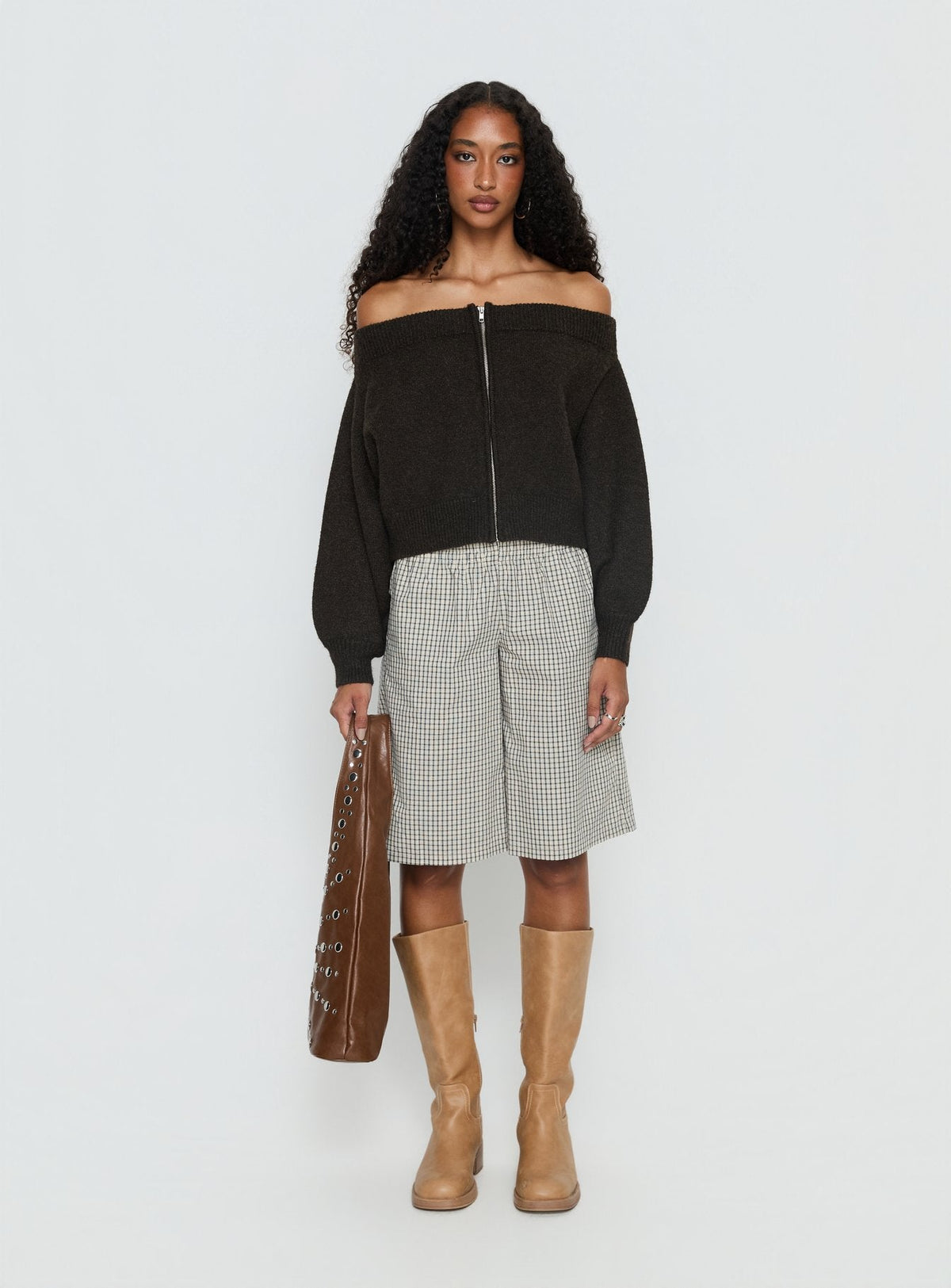 Ortensa Off Shoulder Zip Through Sweatshirt Brown