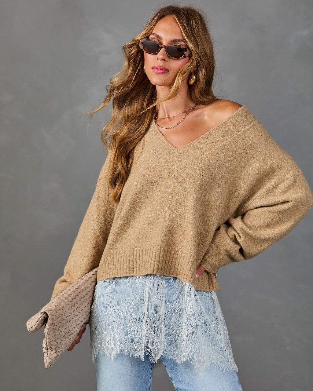 Favorite Girl Knit Lace Hem Twofer Sweater