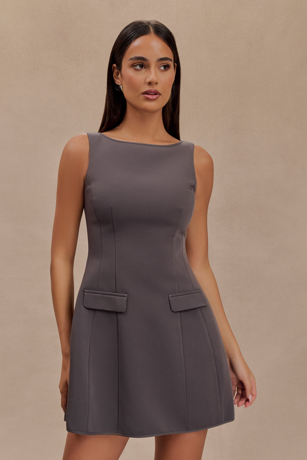 Evanna Sleeveless Suiting Mini Dress - Charcoal Grey