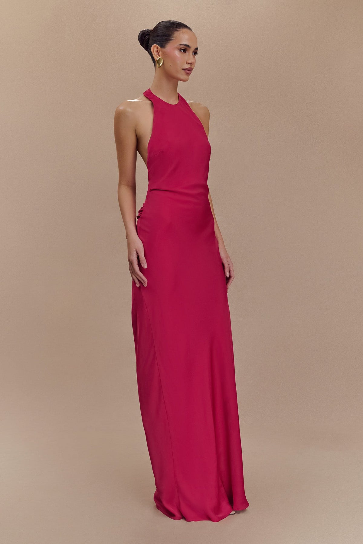 Rinna Satin Halter Maxi Dress - Pink Cherry