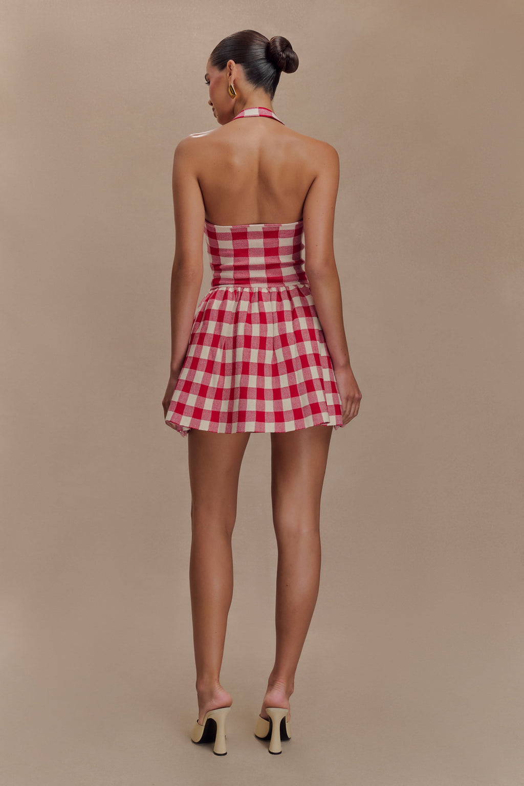 Lindsay Halter Knit Mini Dress - Red Gingham
