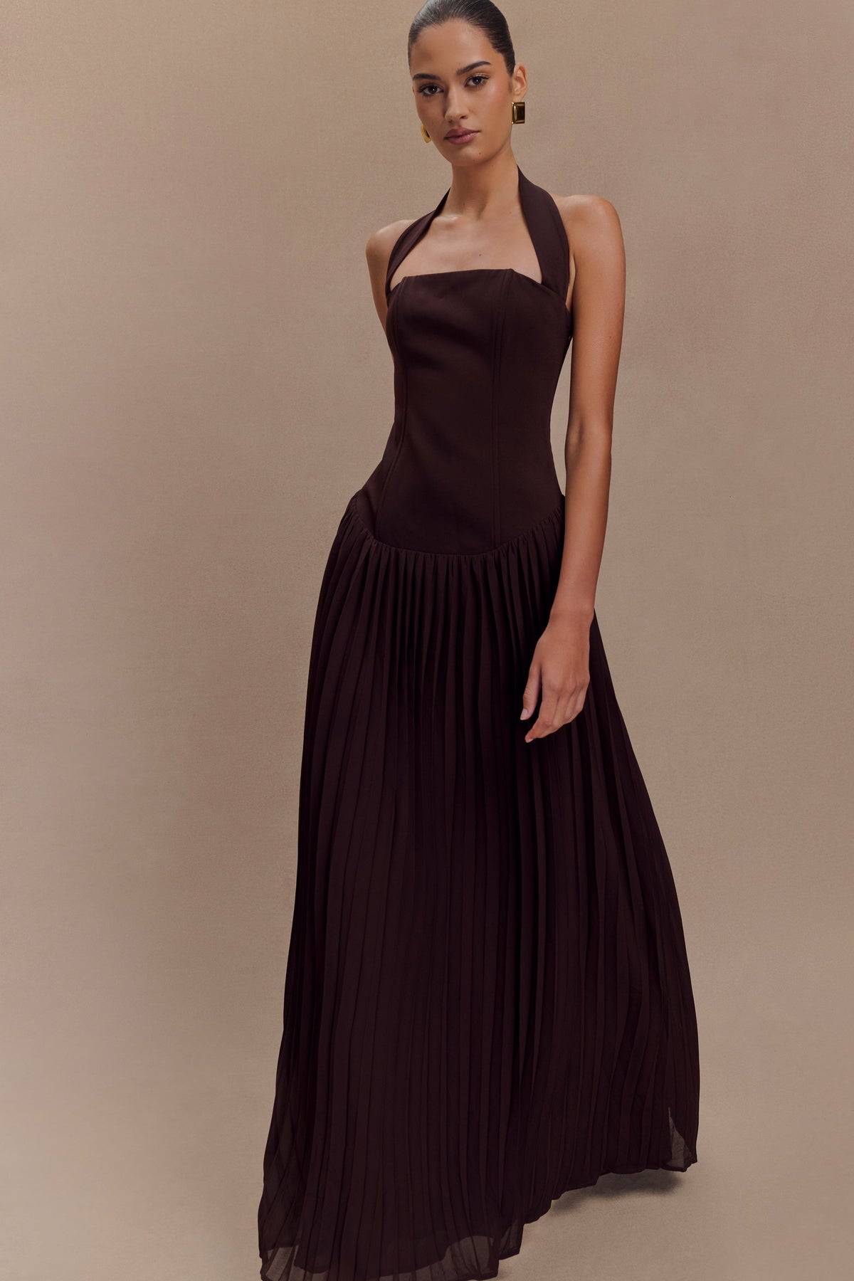 Stacie Pleated Halter Maxi Dress - Cacao