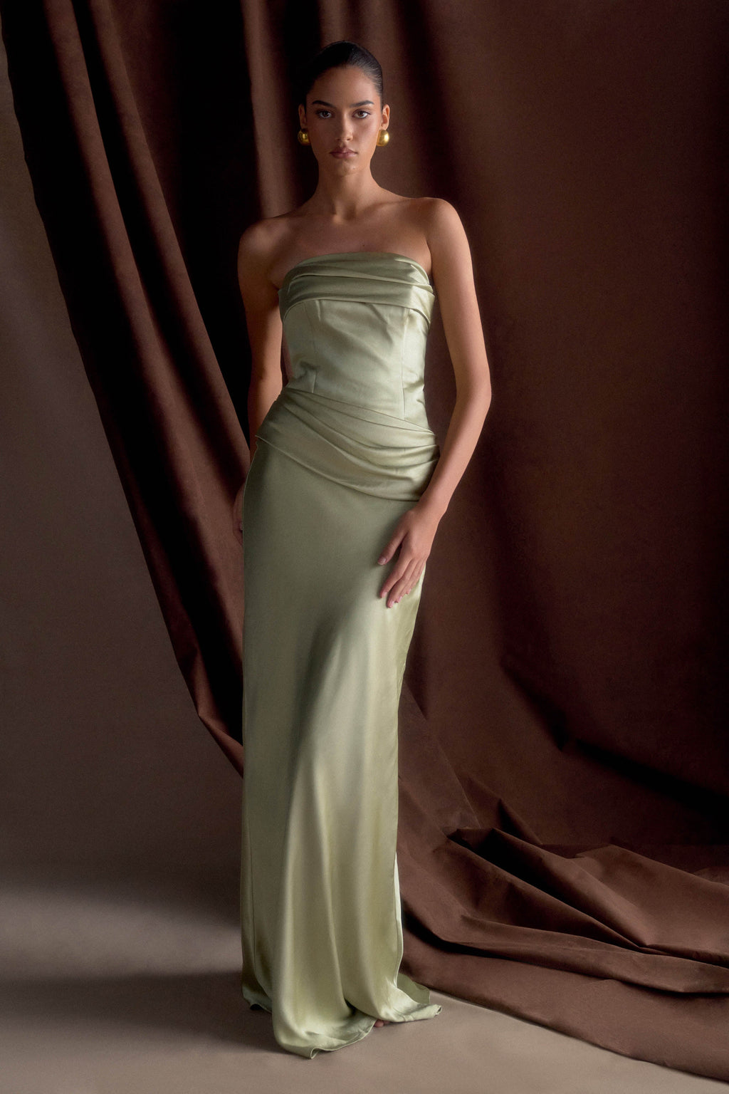 Jasmine Strapless Satin Maxi Dress - Sage