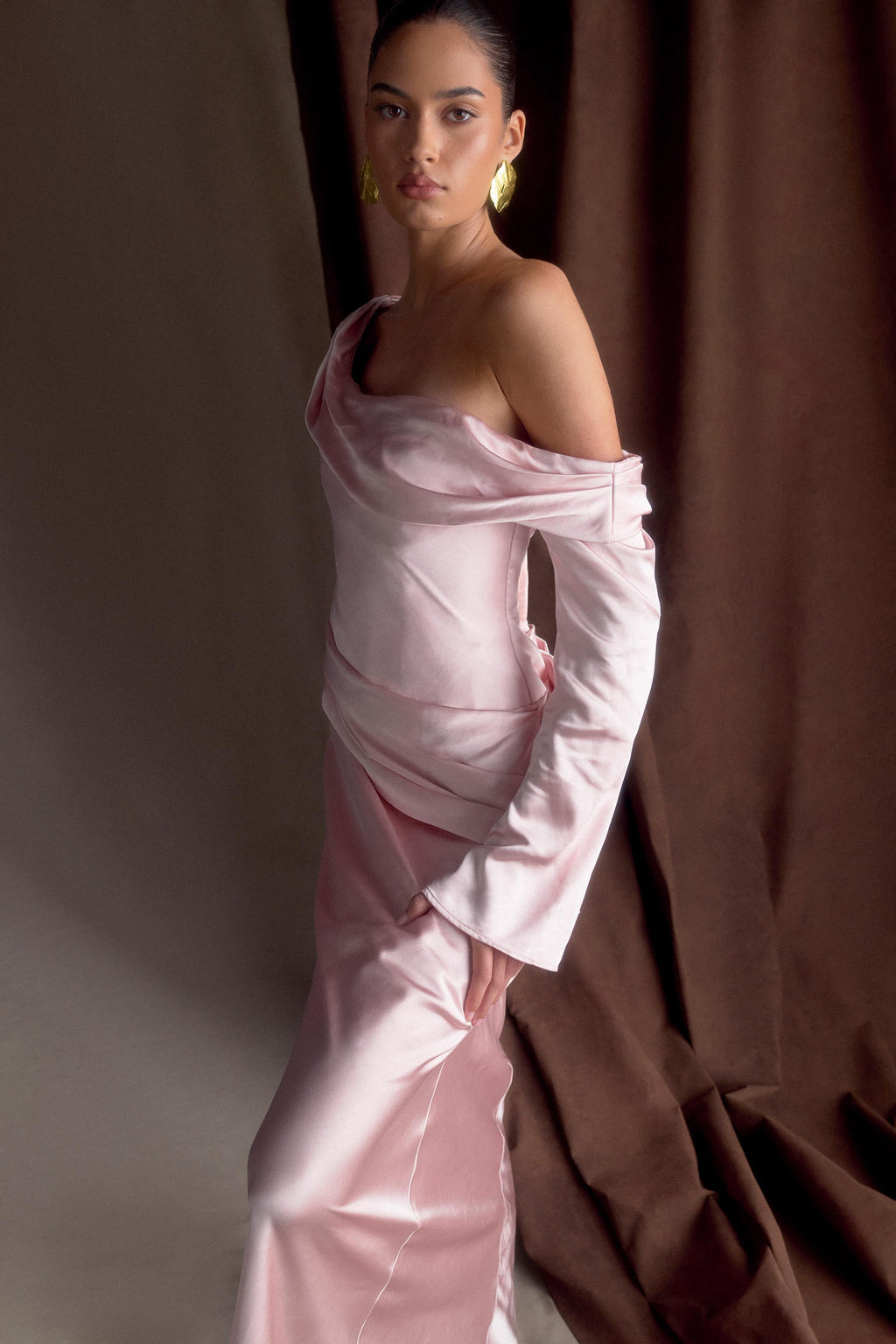 Iris Long Sleeve Satin Maxi Dress - Soft Pink