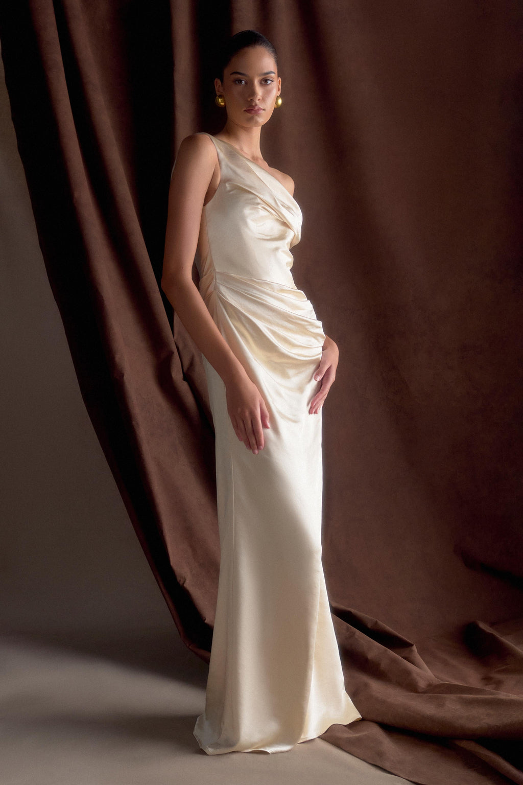 Dalia Off Shoulder Satin Maxi Dress - Blush Gold