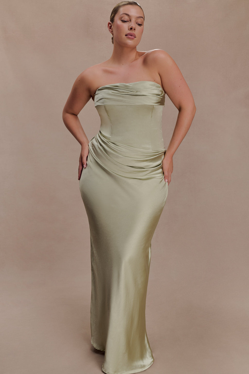 Jasmine Strapless Satin Maxi Dress - Sage