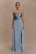 Larissa Satin Maxi Dress With Ruched Petals - Frosted Blue