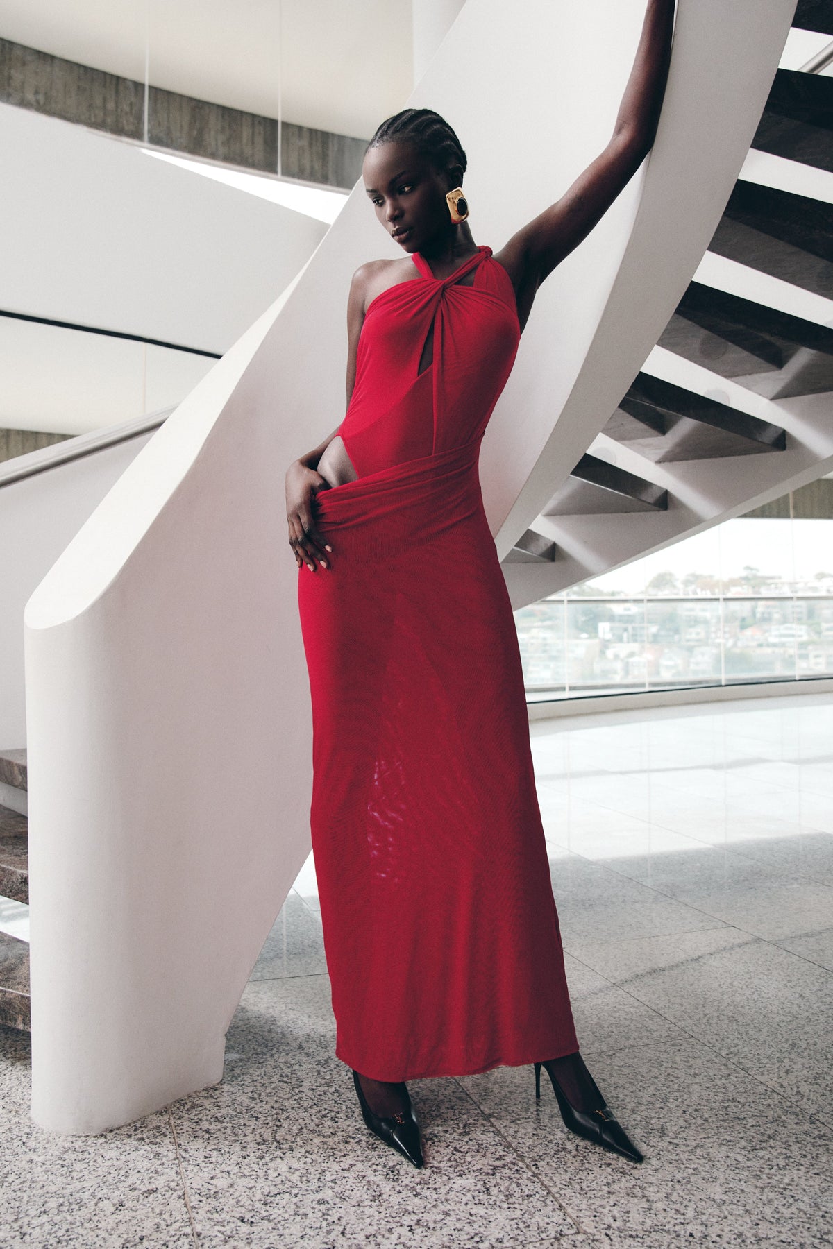 Edwina Knotted Mesh Maxi Dress - Red