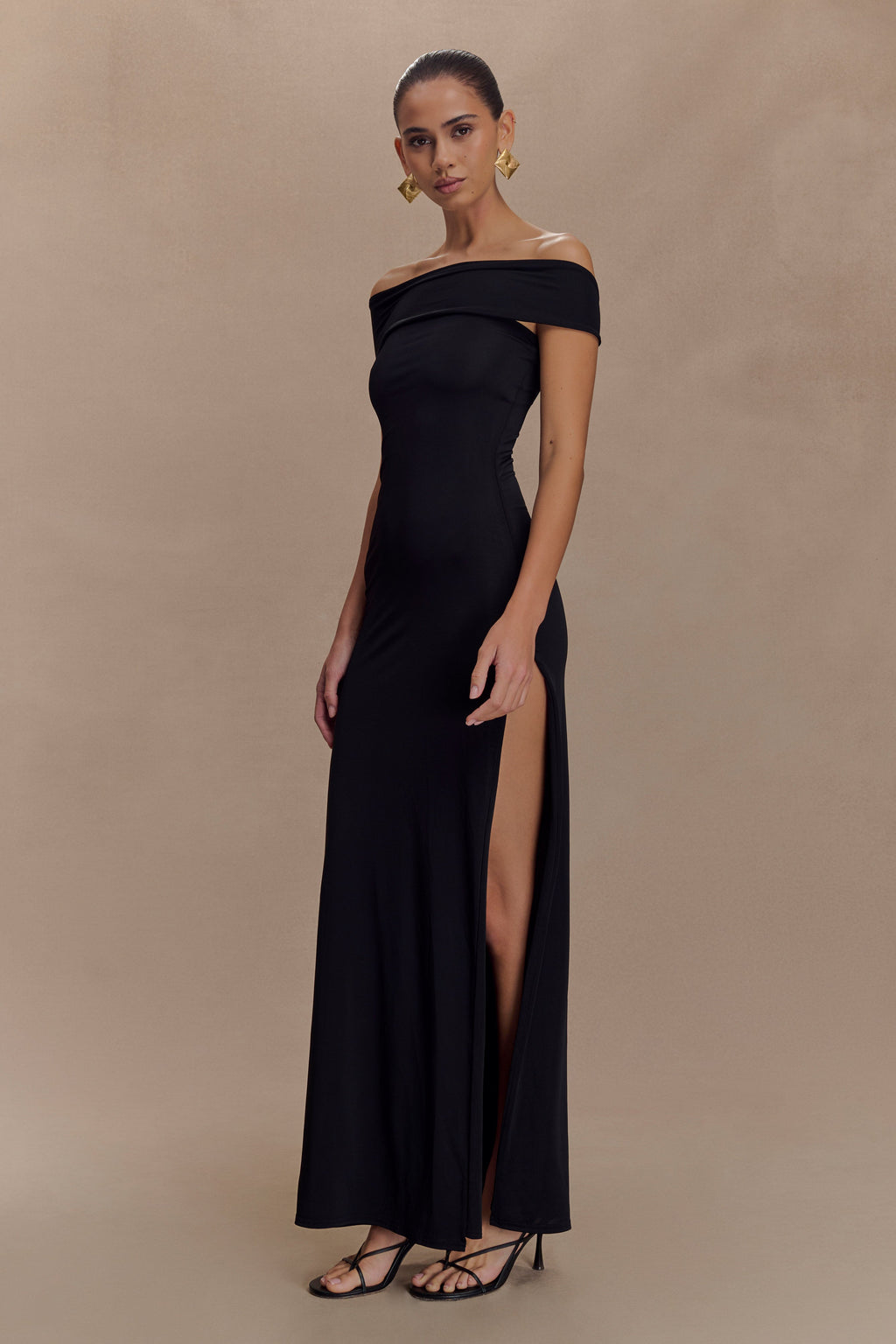 Aurora Slinky And Mesh Split Maxi Dress - Black