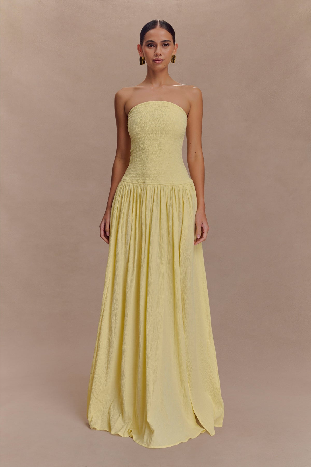 Maureen Cotton Shirring Maxi Dress - Lemon