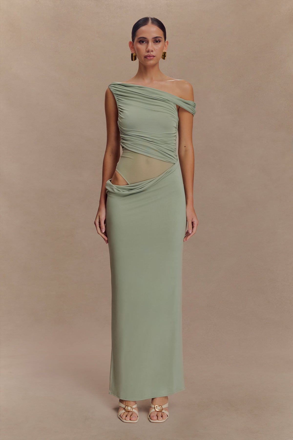 Callen One Shoulder Slinky Maxi Dress - Sage