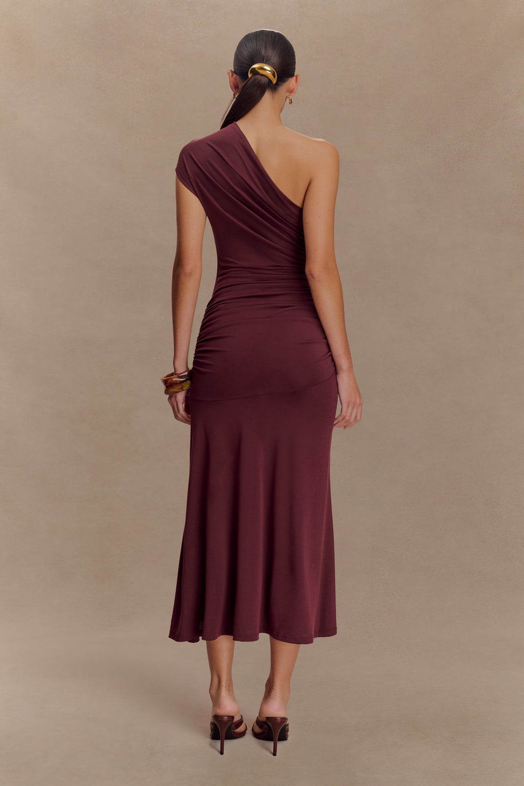 Chloe Peached Jersey One Shoulder Midi Dress - Mahogany