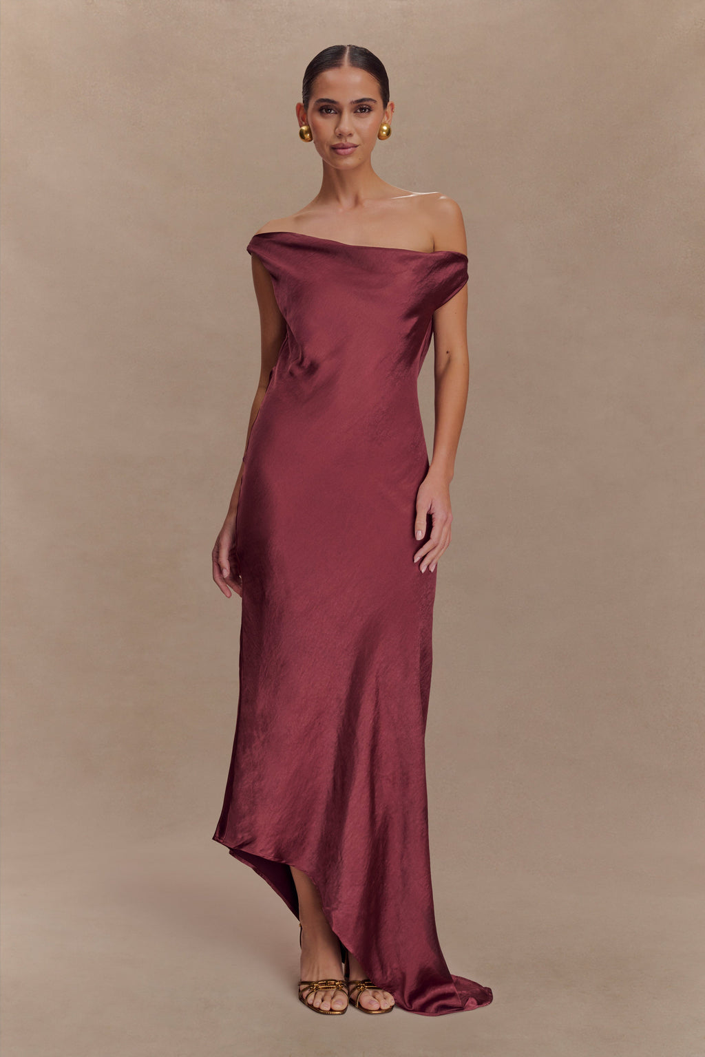 Yvette Slip Maxi Dress With Asymmetrical Hem - Brown Cherry