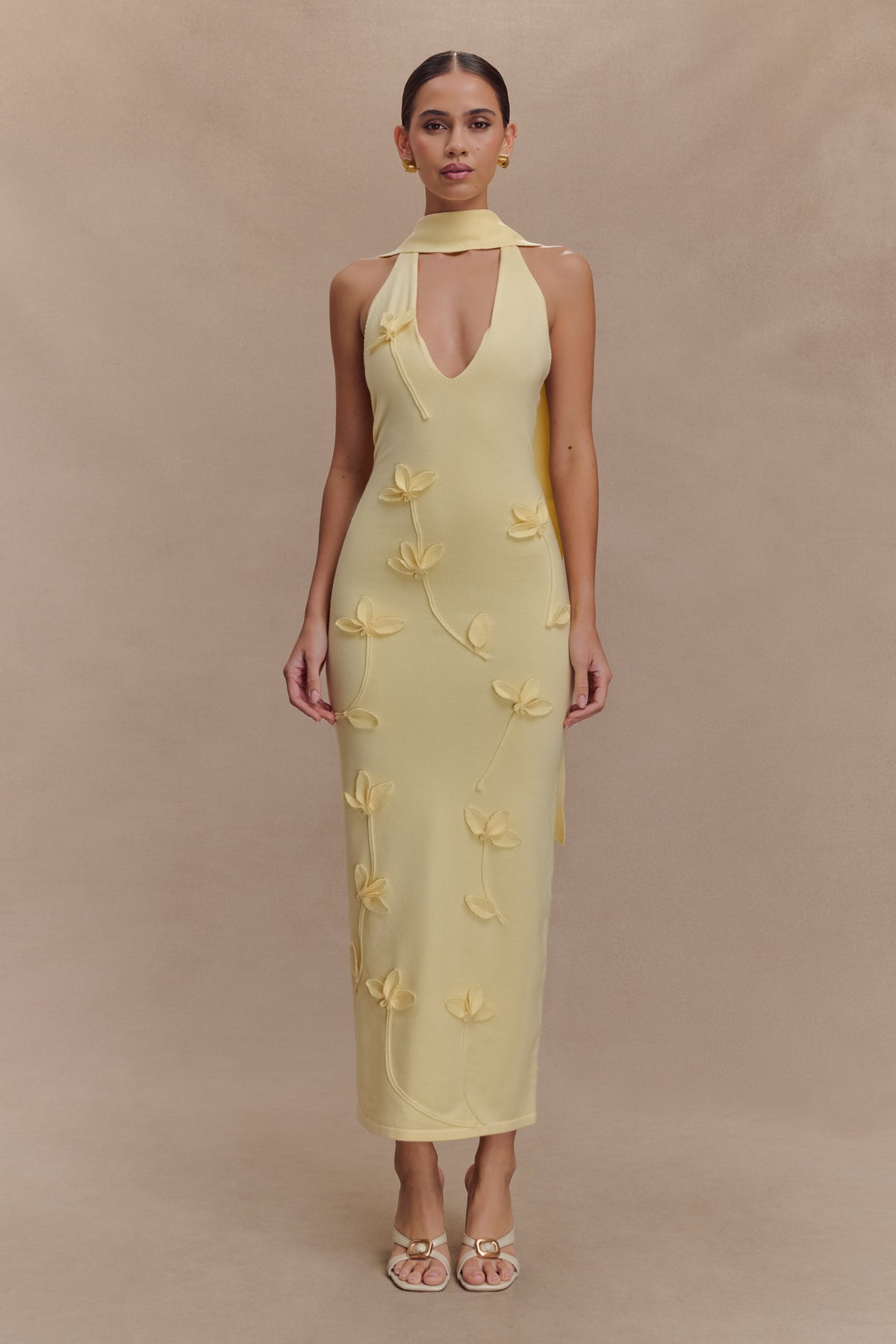 Wynn Floral Knit Midi Dress - Lemon